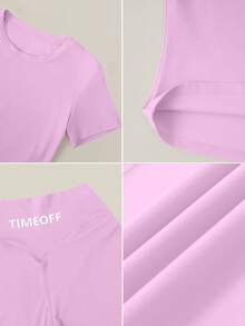 TimeOff Conjunto de ropa deportiva para mujer de un solo color, ajustado, cuello redondo, manga corta, pantalones de pierna recta, casual básico para gimnasio, yoga y correr - Rosa - Ver 4