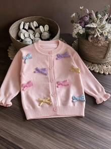 Girls' Gentle Style Pink Knitted Cardigan, 3D Macaron Colorful Bow Ruffle Sleeve Children's Jacket - Pink - View 1