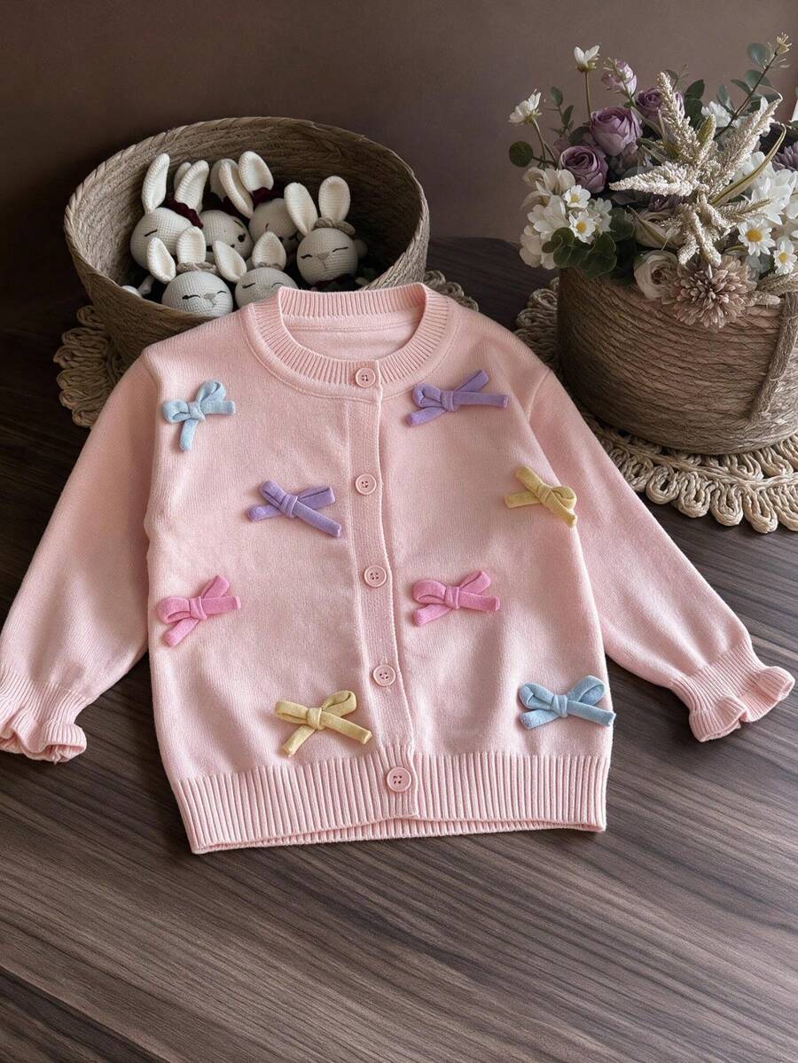 Girls' Gentle Style Pink Knitted Cardigan, 3D Macaron Colorful Bow Ruffle Sleeve Children's Jacket - Pink - View 1