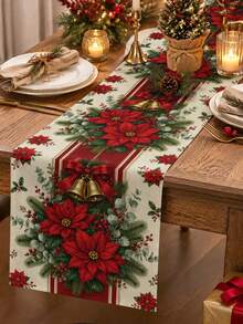Classic Vintage Christmas Table Runner, Throw Pillow, Placemat, Red Poinsettia, Gold Bell, Red Ribbon, Pine Branch, Holly Berry Print, Country Style Kitchen Dining Table Decor Long Cloth, Holiday Party Decoration - Multicolor - View 1