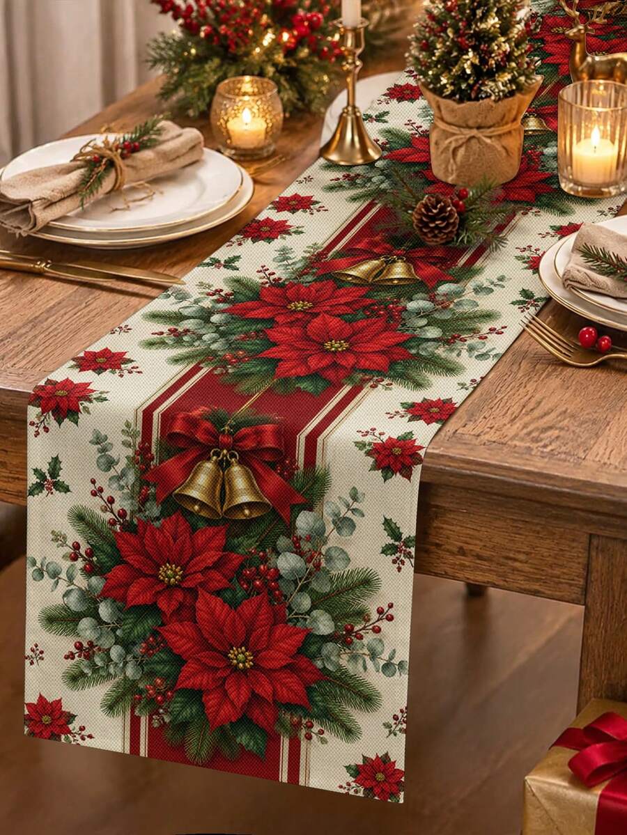 Classic Vintage Christmas Table Runner, Throw Pillow, Placemat, Red Poinsettia, Gold Bell, Red Ribbon, Pine Branch, Holly Berry Print, Country Style Kitchen Dining Table Decor Long Cloth, Holiday Party Decoration - Multicolor - View 1