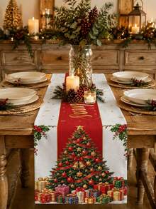 Vintage Country Style Christmas Tree Table Runner, Pillow Case, Placemat With Red Ribbon, Gold Bell, Gift Box And Holly Pattern, European And American Holiday Table Decor, Long Party Decoration - Multicolor - View 2