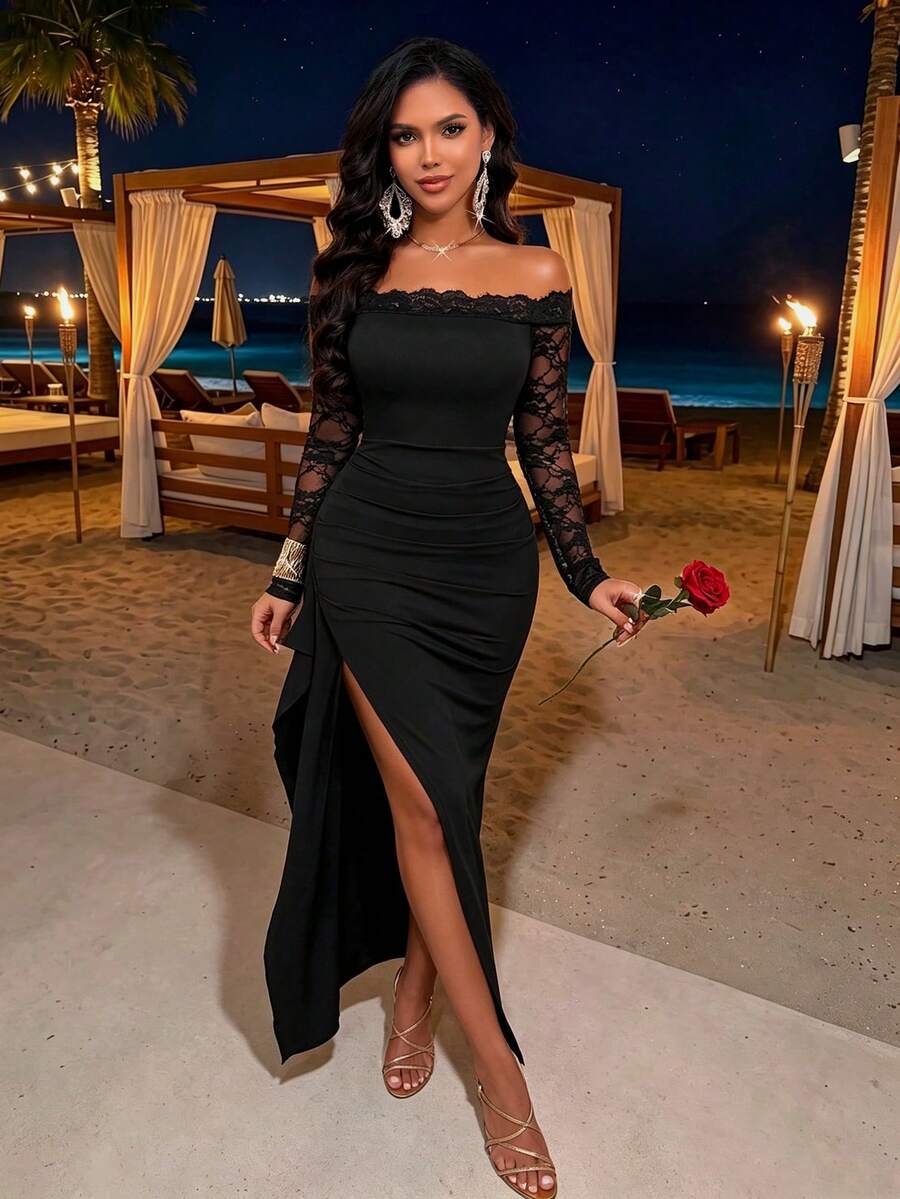 AIJ Elegant Black Cold Shoulder Fitted Long Dress, Lace Long Sleeves, Slit Hem, Suitable For Parties And Formal Occasions, Autumn/Winter Style, Halloween Occasions - Black - View 1
