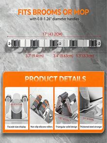 1pc 4-Clip 5-Hook Aluminum Wall-Mounted Bathroom Mop Holder, Broom Rack, Storage Rack, Drill-Free Mop Holder, Suitable For Bathroom And Balcony - Multicolor - View 8