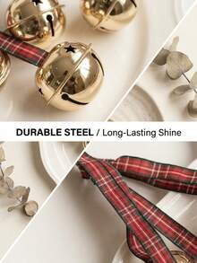 6pcs Christmas Bells, Gold Metal Bells With Red Plaid Ribbon, 3.7 Inch Large Crisp Sounding Bells Decoration, Suitable For Christmas Tree, Wreath, Gift Wrapping And Holiday Home Decor - Multiple Styles - View 8