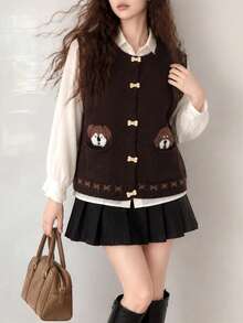 Cardigan Vest Wanita Motif Vintage Menarik dari Benang Campuran Wol untuk Musim Gugur - Coklat - View 3