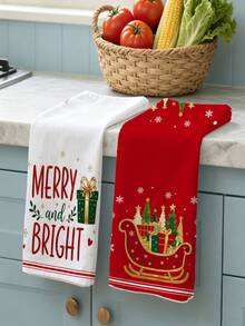 1pc/2pcs Christmas Theme Towel Soft Absorbent Holiday Atmosphere Christmas Tree Letter Gift Sleigh Print Kitchen Decor Cloth Multiple Patterns - Red and White - View 2