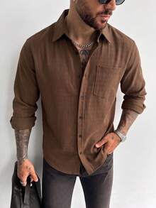 Men's Casual Long Sleeve Shirt With Turn-Down Collar, Single-Breasted And Pocket, Suitable For Daily Wear - Rust Brown - View 4