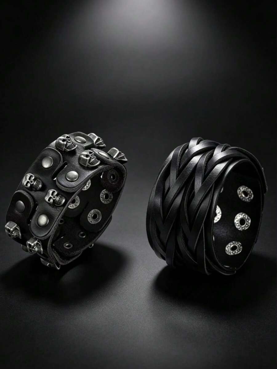 2pcs Punk Style Sports Casual Geometric Design Bracelets, Suitable For Men's Party, Sports, Fashion Wear, Exquisite Bracelet Gift For Men - Black - View 1