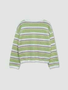 2026 Autumn/Winter New Fashion French Contrast Color Striped Soft V-Neck Loose Knit Cardigan Top, Suitable For Autumn Outfits, Outings, Dates, Holidays, Back To School, Graduation, Commuting, Street Style, Halloween - Olive Green - View 9