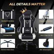 Fabric Gaming Chair With Footrest, Ergonomic Computer Desk Chair With Pocket Spring Cushion Home Office High Back Lumbar Support Heavy Duty Wide - White - View 6