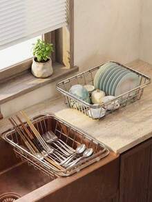 Expandable Sink Dish Drying Rack,Stainless Steel Over‑The‑Sink Dish Colander Basket,Adjustable Kitchen Sink Drain Basket For Plates, Bowls,Cups,Fruits Vegetables Washing Sink Colander, Stainless Steel Sink Drain Basket - Multicolor - View 1