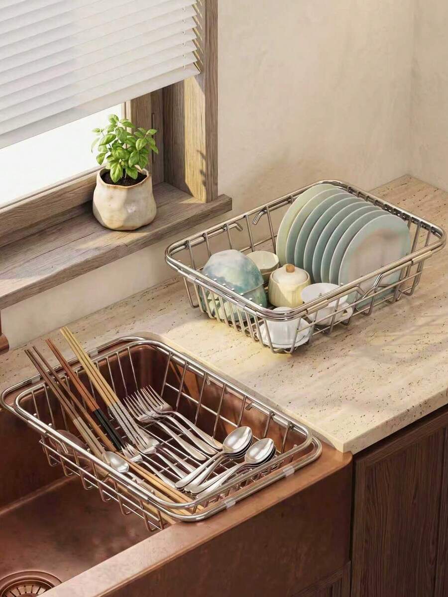 Expandable Sink Dish Drying Rack,Stainless Steel Over‑The‑Sink Dish Colander Basket,Adjustable Kitchen Sink Drain Basket For Plates, Bowls,Cups,Fruits Vegetables Washing Sink Colander, Stainless Steel Sink Drain Basket - Multicolor - View 1