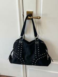 Tote Bag, Exquisite Rivet Decor, Large Capacity Design With Zipper Closure, Vintage Casual Style Shoulder Bag, Versatile For Daily Commute, Shopping, Dating, Travel, Niche Aesthetic Accessory Women's Bag - Black - View 10