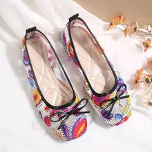 Colorful Embroidered Mesh Low Vamp Ballet Shoes For Women, Vintage Bohemian Bow Round Toe Soft Sole Breathable Casual Flat Shoes - Colorful - View 1