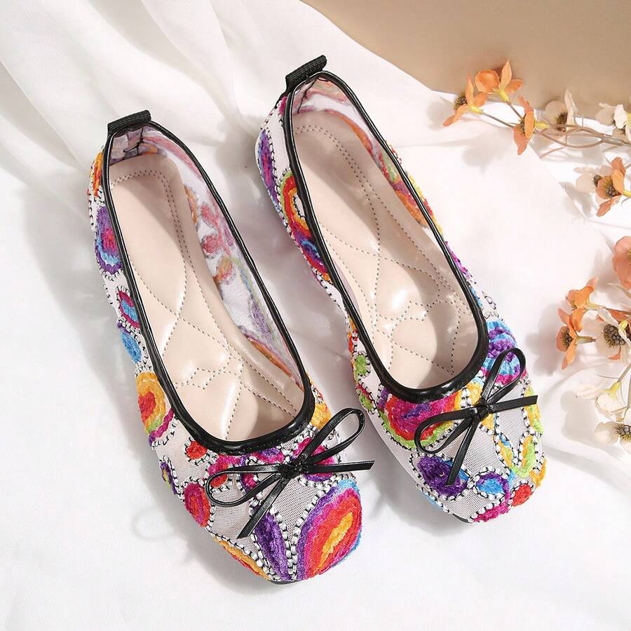 Colorful Embroidered Mesh Low Vamp Ballet Shoes For Women, Vintage Bohemian Bow Round Toe Soft Sole Breathable Casual Flat Shoes - Colorful - View 1