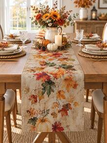 1PC Autumn Pumpkin Maple Leaf Table Runner, Linen Fall Harvest Tablecloth Runner With Pumpkin, Acorn, Berry And Botanical Print, Rustic Farmhouse Dining Table Decor For Thanksgiving, Kitchen, Dining Room, Fall Party And Seasonal Home - Multicolor - View 2