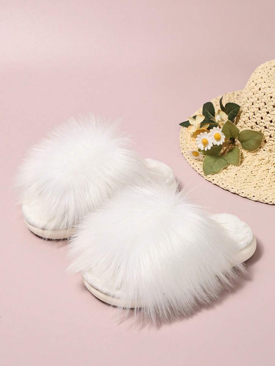 1 Pair Girls' Sweet Fuzzy Slippers, Autumn/Winter Home Warm Cute Soft Sole Anti-Slip Winter Children's House Slippers - White - View 1