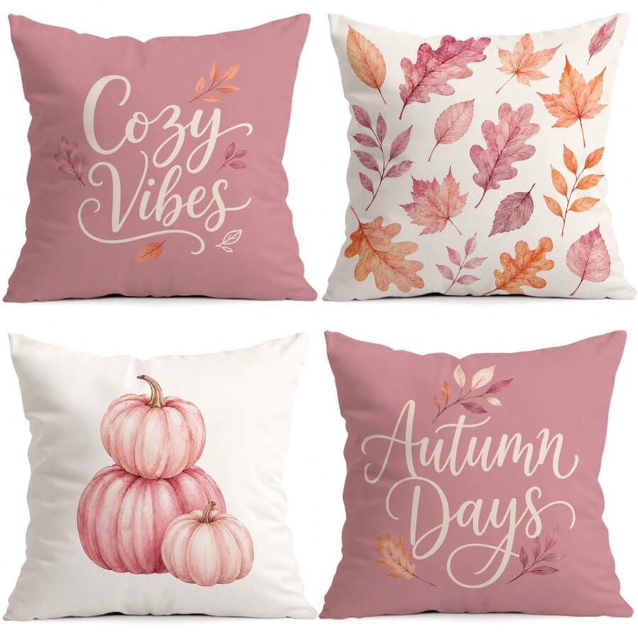 4pcs/1pc Autumn Pink Pumpkin & Maple Leaf Pattern Pillow Covers, Single-Sided Printed Cushion Cases Without Inserts, Suitable For Living Room Bedroom Home Decor, All Season Use - Multicolor - View 1