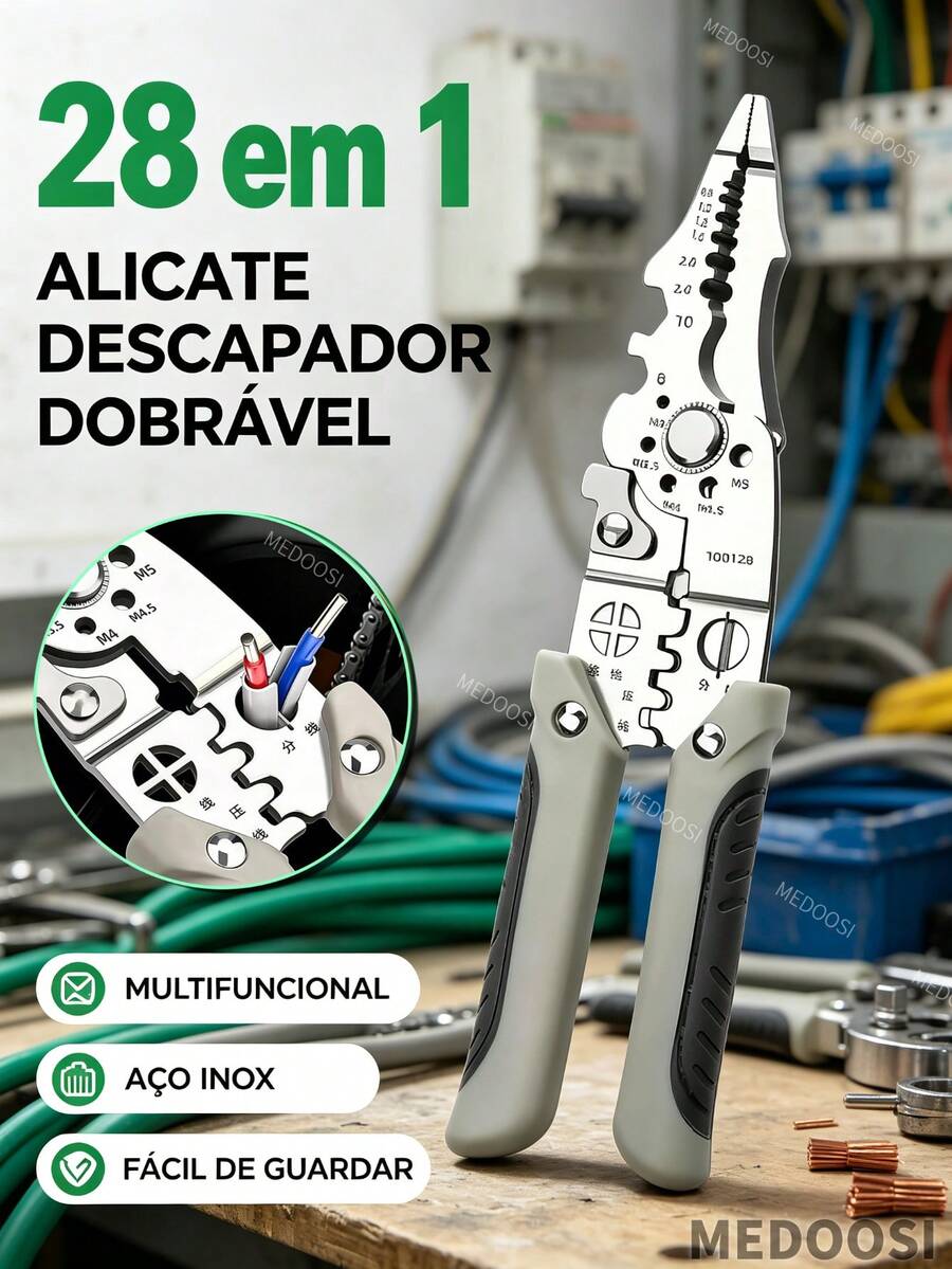 Alicate Multifuncional 28 em 1, Descascador Crimpador e Cortador, Universal Profissional para Eletricistas