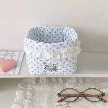 1pc Cute Polka Dot Storage Basket Quilted Drawstring Makeup Bag Lace Decor Cosmetic Organizer Bucket Desktop Items Storage Bag Folding Small Basket - Multicolor - View 13