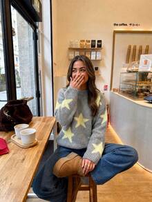 Joy Knit 女款針織毛衣 秋冬時尚新款 百搭上衣 極簡休閒百搭 星星提花圓領寬鬆針織上衣 女士上班穿搭 外出上衣 派對穿搭 - 灰+黃 - 查看 4