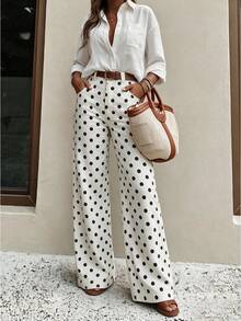 Women High Waist Polka Dot Wide Leg Pants, Elastic Loose Straight Leg Trousers Casual Work Office Long Pants,Fall Clothes For Women,Fall Style - White - View 5