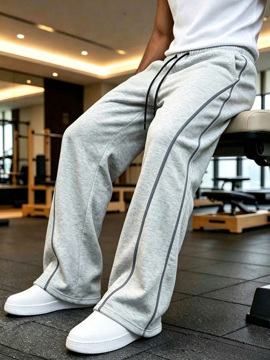 Relaxed Fit All-Day Men's Wide Leg Sweatpants With Side Contrast Stripe Design, Adjustable Drawstring Waist, Large Pockets, Light Exercise Sports - Light Grey - View 1