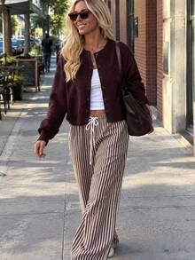 Women's Plus Size Knitwear Cardigan, Long Sleeve Round Neck Button Front Sweater With Drop Shoulder, Perfect For Fall And Winter Style - Chocolate Brown - View 6