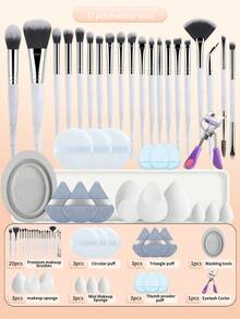 37pcs Multi-Function Makeup Tool Set, 20 Makeup Brushes & 15 Powder Puffs & Eyelash Curler & Brush Cleaner, Dense Soft Bristles With Even Powder Pickup And No Flying Powder, Suitable For Student Dorm Daily Makeup, Business Travel And Portable Makeup - Multicolor - View 9