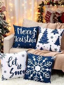 4/2pcs Christmas Pillow Covers Blue & White Design With Christmas Tree, Snowflake, Reindeer Patterns Suitable For Christmas Scene Atmosphere Decoration Winter Holiday Sofa Home Decor Theme Party - multicolor - View 3