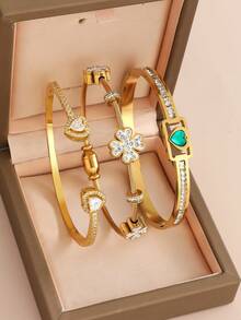 Stainless Steel Minimalist Waterproof Bracelet, Low-Allergy Heart Rhinestone Butterfly Enamel Black Zirconia Sky Blue Drip Oil Stackable Daily Wear Bracelet Jewelry - Gold - View 13