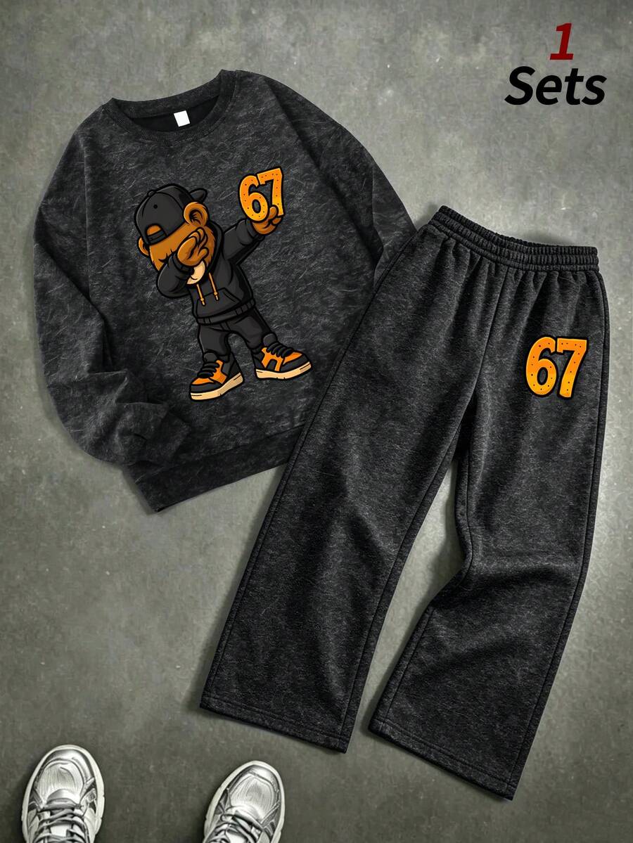 2pcs/Set Tween Boys Street Style Casual Bear Pattern Crew Neck Long Sleeve Sweatshirt + Wide Leg Pants, Suitable For Autumn/Winter - Black - View 1