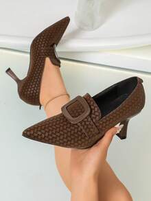 Brown Embossed Woven Pointed Toe High Heels,Slim Pointed Toe,Stable Flared Stiletto Heel,Slip‑On Deep Vamp Pumps,Retro Intellectual Women Loafers - Brown - View 1