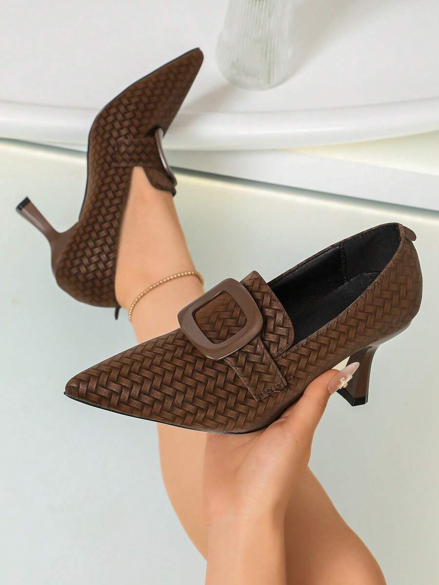 Brown Embossed Woven Pointed Toe High Heels,Slim Pointed Toe,Stable Flared Stiletto Heel,Slip‑On Deep Vamp Pumps,Retro Intellectual Women Loafers - Brown - View 1