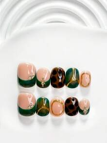 秋季 10 片裝復古風手工穿戴甲 Polygel 凝膠美甲套組，水鑽豹紋綠色指甲油，高端風格，附美甲工具，3 種尺寸可選：方形、短方形、杏仁形，適合派對、舞會、日常配戴（手工細節可能有所不同） - 彩色 - 查看 2