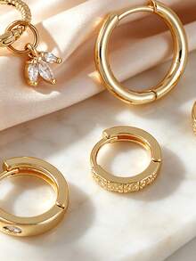 6Pcs Women Gold Ear Stacking Earrings, CZ Inlaid Huggie Hoops & Chain Threader Dangle Piercing Jewelry Gift - Yellow Gold - View 6