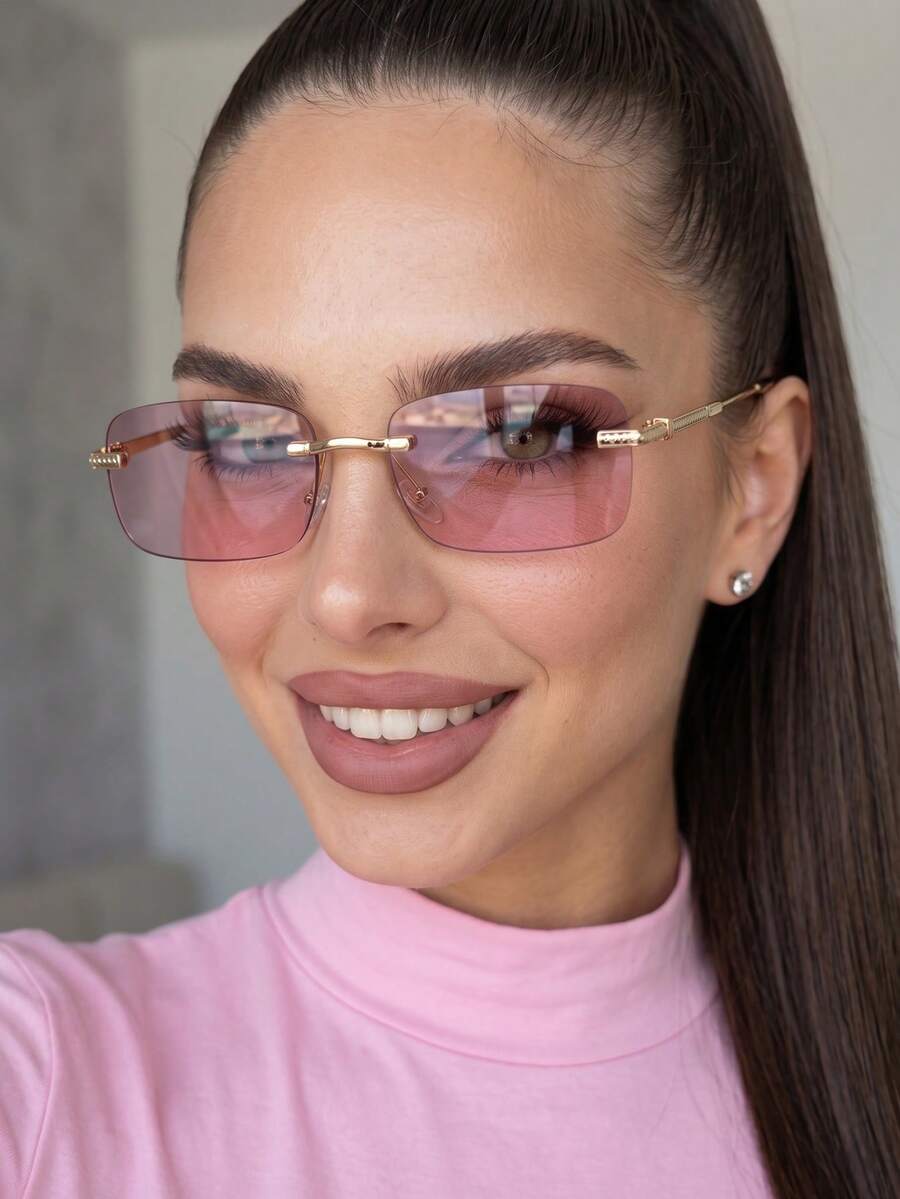 1 Pair Women's Rectangular Pink Lens Frameless Street Style Fashion Glasses - Pink - View 1