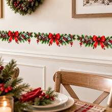 Christmas Garland Wall Decal Holiday Border Sticker Pine Branch Red Bow Kitchen Cabinet Wall Decor Xmas Decoration For Kitchen Island Mantel Fireplace Dining Room - Christmas Wall Decals - View 8