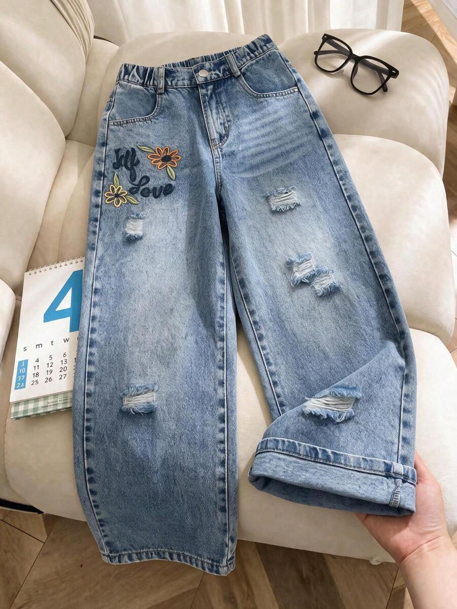 1件女款戶外休閒寬腿牛仔褲,復古花卉與字母刺繡、破洞毛邊、寬鬆直筒牛仔長褲,簡約復古風 - 中等水洗藍 - 查看 1