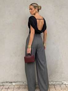 Women's Solid Color Loose Curved Leg Pants, Minimalist Office Casual Daily Commute All Season - Grey - View 3