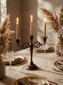 1Pc Retro Carved Alloy Candelabra, Imitation Wood‑Grain 3/5 Arms Candle Stick Holder, Centerpiece For Dining Table, Wedding, Ramadan, Party Home Ornament. - Classic - View 8
