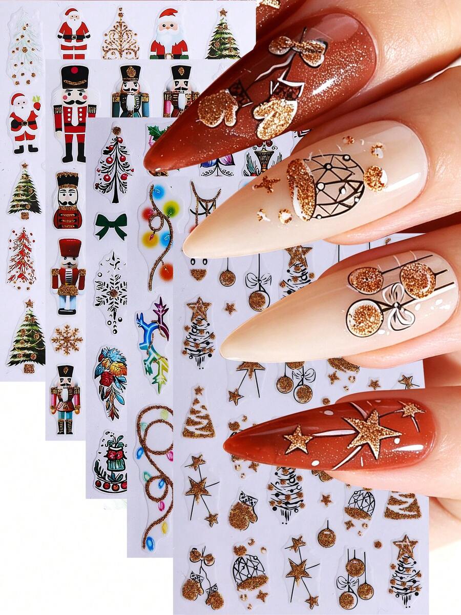 5PCS Christmas Party Nail Art Stickers, Gold Glitter Neon Lights Christmas Tree Snowflake Pattern Nail Art Stickers, DIY Holiday Nail Art Decoration - Multicolor - View 1