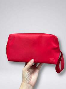 Bright Red Satin Makeup Bag With Embossed Horse & Rider Logo, Gold Zipper, Portable Handle, Large Capacity Travel Toiletry Bag, Luxury Gift For Women BURBERRY-GIFT-16 - Brown - View 2