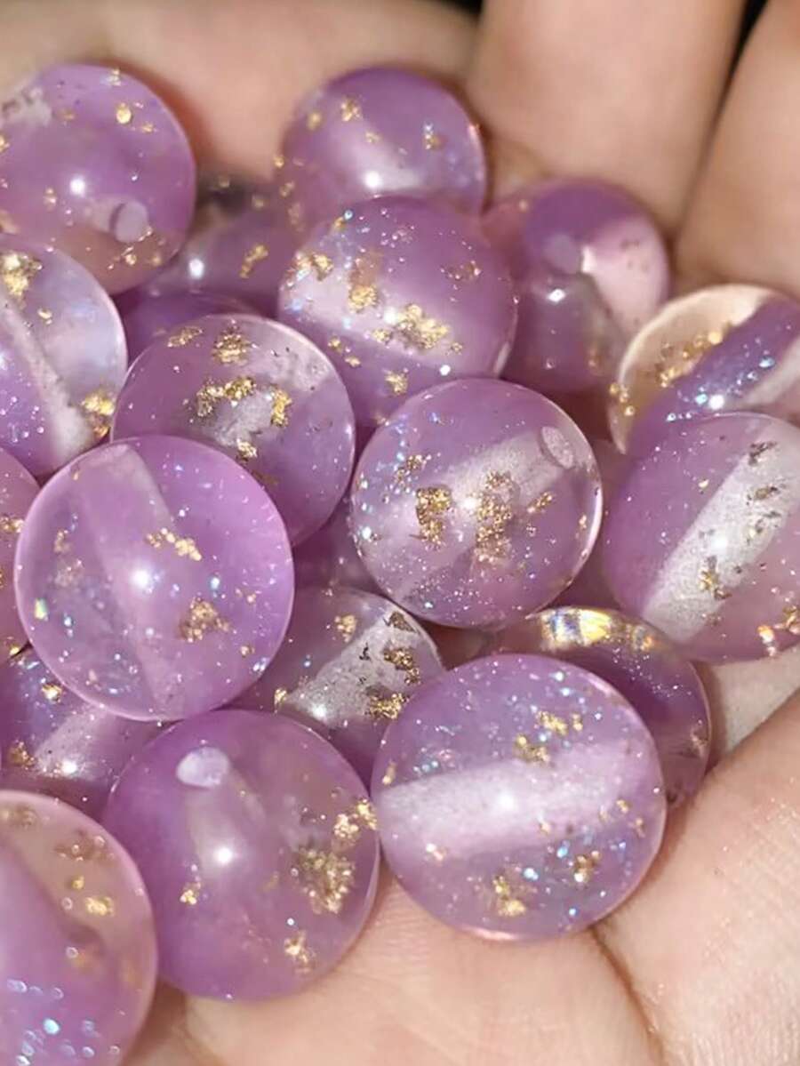 60顆 8/10/12mm 紫色樹脂亮面金箔透明珠子，適用於珠寶製作、鑰匙圈、手機鍊、項鍊、手鍊，初學者友善
