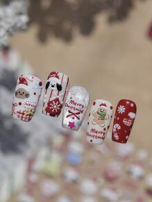 1Sheet Sweet Cartoon Christmas Nail Art Decals Santa‑Hat Animal Face Gingerbread Man Multicolor Tree Stocking Gift Box Snowflake Bow Cute Merry Christmas Design Self‑Adhesive Nail Sticker DIY Nail Decor For Christmas Gathering - Multicolor - View 4