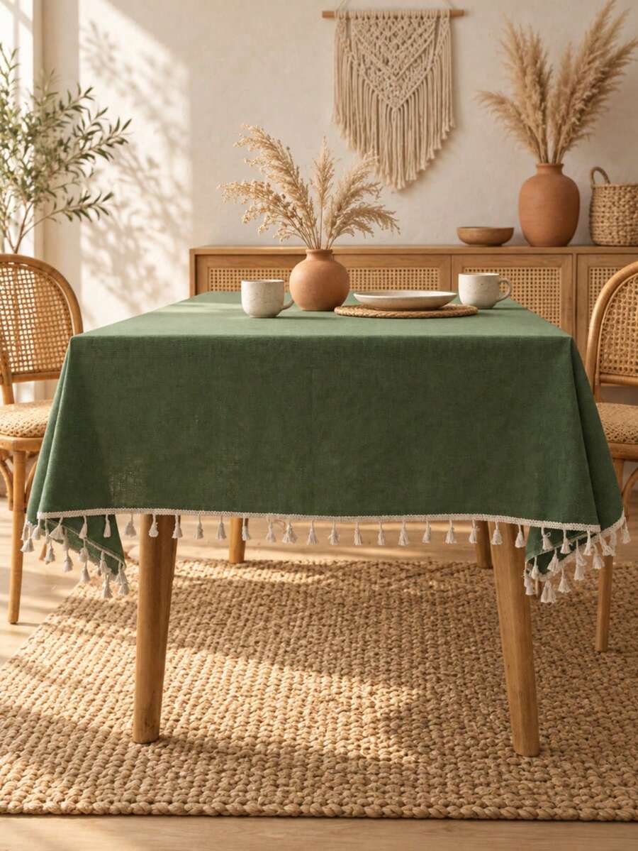 MeijiaMo 1 Pc Green Rectangular Tablecloth, Bohemian Minimalist Polyester Solid Color Decorative Placemat, Suitable For Kitchen, Dining Room, Party, Holiday, Wedding, Round & Rectangle Tables, All Seasons