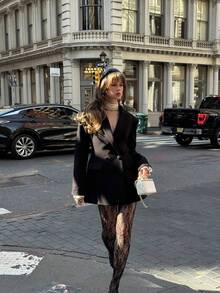 Women's Black Woven Fabric Blazer, Long Length, Exquisite Contrast Lace Cuffs, Suitable For New Year Outfit - Black - View 8