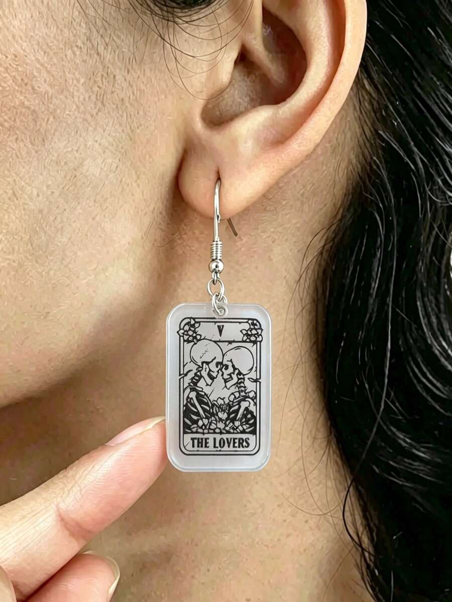1 Pair Transparent Lovers Tarot Card Skeleton 2D Flat Acrylic Pendant Earrings, Women's Halloween Party Decoration, No Packaging Box - Skull - View 1