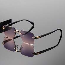 Men's Rimless Square Gold Decorative Fashion Glasses, UV Protection Black Lenses, Lightweight Fashion Glasses, Suitable For Casual Daily Wear, Driving And Street Style - Multicolor - View 12